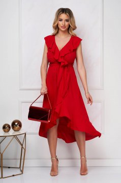 Harang alakú ruha piros midi aszimetrikus georgette fodros gumirozott derékrésszel