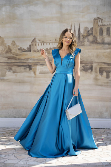 Szalagavató ruhák, Kék ruha alkalmi hosszú harang taft puha melltartóval, oldalt támasztékot nyújtó betéttel - StarShinerS.hu