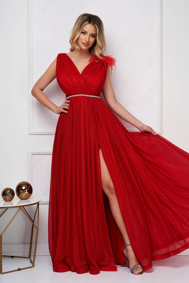 Estélyi ruhák harang alakú, Piros hosszú alkalmi harang ruha csillogó tüllből, strassz köves és tollas díszítéssel - StarShinerS.hu