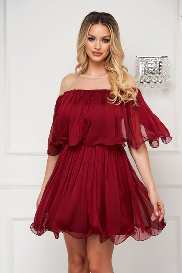 Vörös ruhák, Burgundy alkalmi rövid harang ruha váll nélküli vékony anyag - StarShinerS.hu