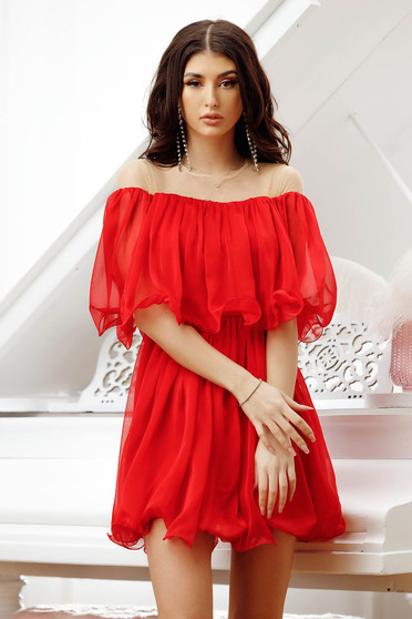 Rövid ruhák, Piros alkalmi rövid harang ruha váll nélküli vékony anyag - StarShinerS.hu