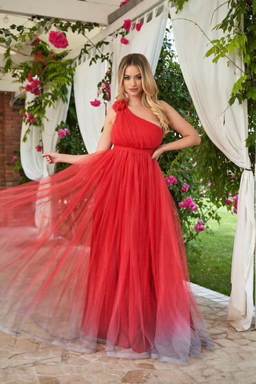 Piros ruhák, Alkalmi ruha világos piros hosszú harang tüllből mellrésznél szivacsos - StarShinerS.hu