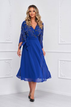 Elegáns ruha kék midi harang muszlin gyöngy és strassz köves díszítéssel
