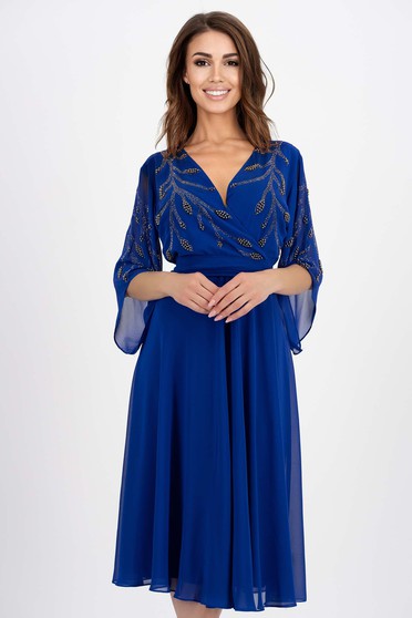 Nagy méretű ruhák midi,  méret: M, Kék midi harang muszlin ruha gyöngy és strassz köves díszítéssel - StarShinerS.hu