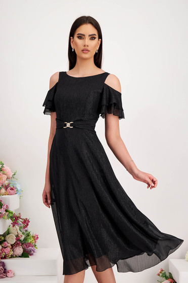 Alkalmi ruhák, méret: S, Fekete muszlin midi harang ruha csillogó díszítésekkel - StarShinerS - StarShinerS.hu