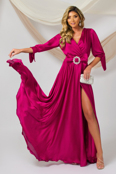 Rózsaszín ruhák, Fukszia muszlin harang alakú átlapolt ruha gumirozott derékrésszel - StarShinerS.hu