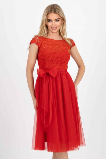 Alkalmi ruhák piros,  méret: S, Piros midi harang ruha tüllből 3d virágos díszítéssel - StarShinerS - StarShinerS.hu