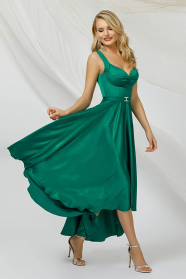 Alkalmi ruhák, méret: XS, Zöld aszimetrikus harang ruha szaténból csillogó díszítésekkel - StarShinerS.hu