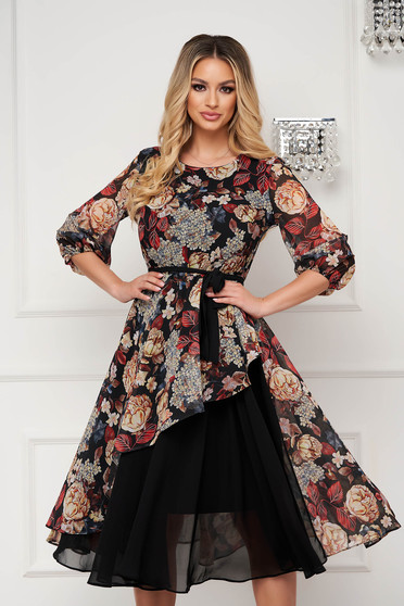 Nagy méretű ruhák, muszlin, méret: M, Muszlin midi virágmintás ruha harang alakú gumirozott derékrésszel - StarShinerS.hu
