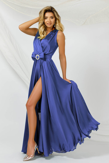Alkalmi ruhák hosszú, Kék ruha hosszú harang muszlin szatén anyagból eltávolítható övvel - StarShinerS.hu