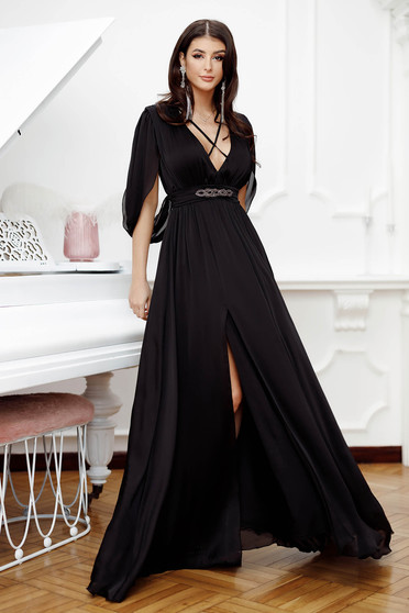 Alkalmi ruhák hosszú, Fekete hosszú harang lábon sliccelt muszlin ruha gyűrött anyagból - StarShinerS.hu