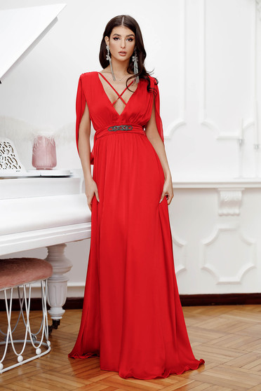 Alkalmi ruhák hosszú, Piros hosszú harang lábon sliccelt muszlin ruha gyűrött anyagból - StarShinerS.hu