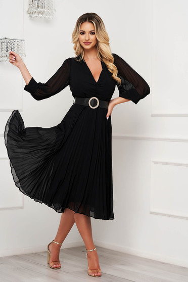 Elegáns ruhák, Fekete midi muszlin harang rakott ruha öv típusú kiegészítővel - StarShinerS.hu