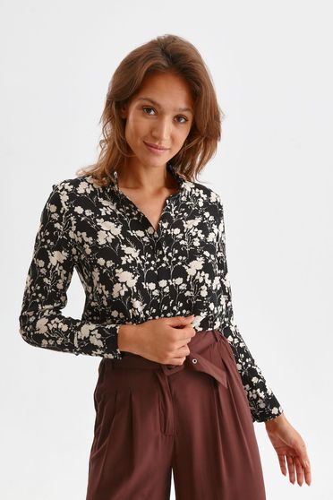 Női ingek, Fekete virágmintás georgette bő szabású női ing - StarShinerS.hu