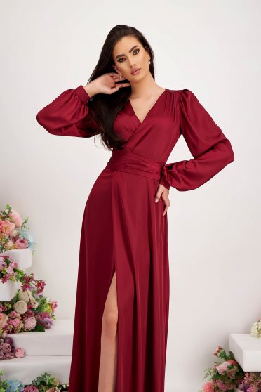 Vörös ruhák, Szatén hosszú átlapolt harang ruha - burgundy, bő ujjakkal - StarShinerS - StarShinerS.hu