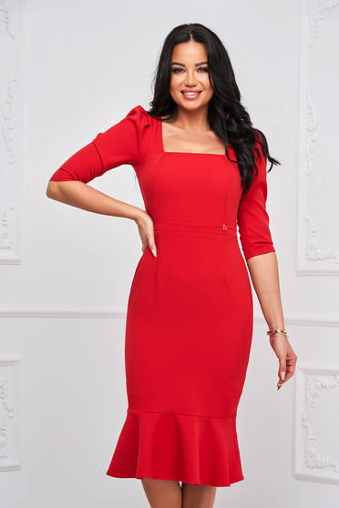 Nagy méretű ruhák elegáns, méret: M, Piros midi StarShinerS ceruza ruha rugalmas szövetből fodrokkal a ruha alján - StarShinerS.hu