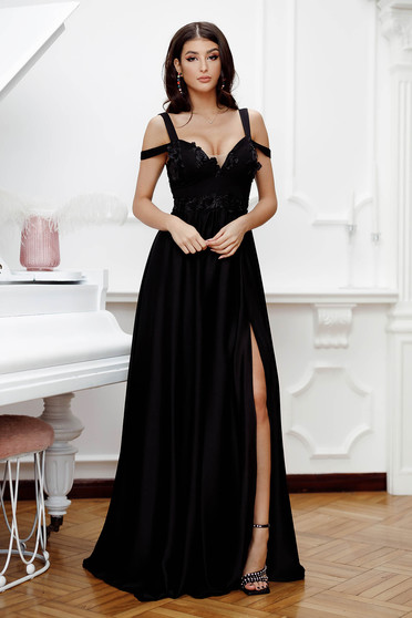Násznagy ruhák, Fekete hosszú alkalmi harang taft ruha 3d virágos díszítéssel - StarShinerS.hu
