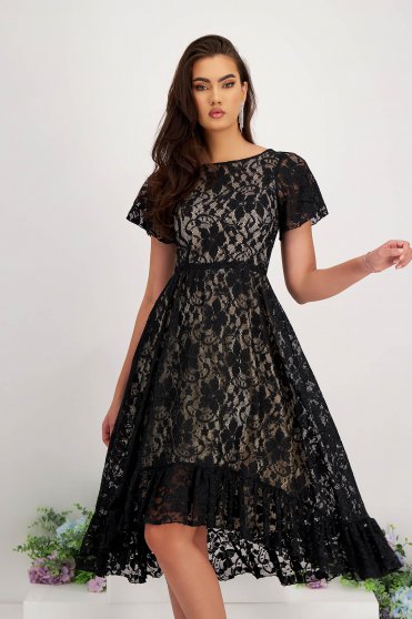 Akciós ruhák, Fekete midi aszimetrikus harang ruha csipkés anyagból pillangó típusú ujjakkal - StarShinerS - StarShinerS.hu