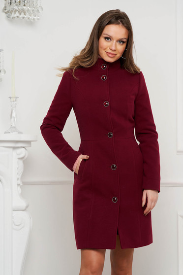 Elegáns kabátok, Nagykabát burgundy szűkített szövetből magas gallér - StarShinerS.hu