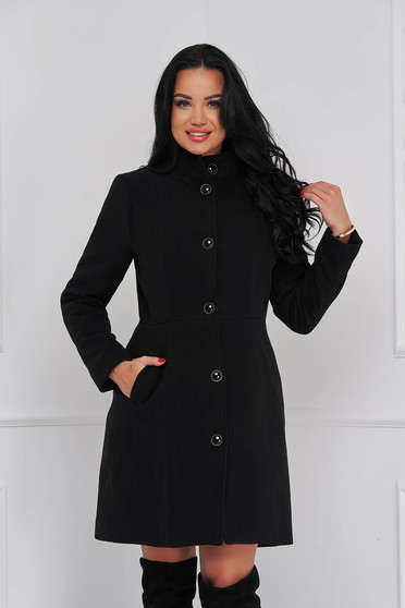Elegáns kabátok, Nagykabát fekete szűkített szövetből magas gallér - StarShinerS.hu