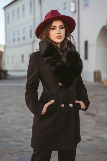 Elegáns kabátok, Fekete szűkített szövetkabát gyapjúból szőrme gallérral - StarShinerS.hu