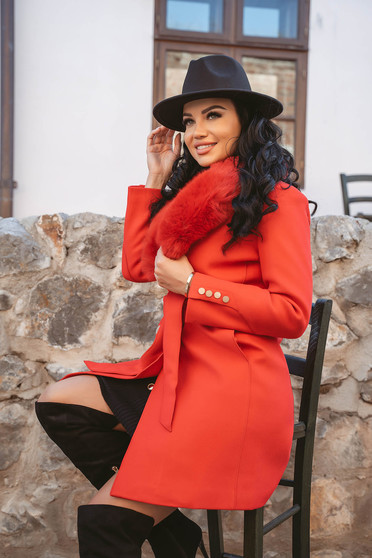 Elegáns kabátok, Szövetkabát piros gyapjúból szőrme gallér szűkített - StarShinerS.hu