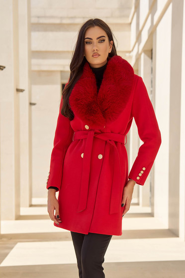 Elegáns kabátok, Szükített gyapjú nagykabát - piros, eltávolítható műszőrme gallérral - StarShinerS.hu