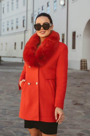 Elegáns kabátok, Piros szűkített szövetkabát gyapjúból szőrme gallérral - StarShinerS.hu