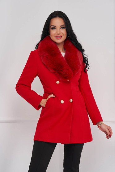 Elegáns kabátok, Piros szűkített szövetkabát gyapjúból szőrme gallérral - StarShinerS.hu