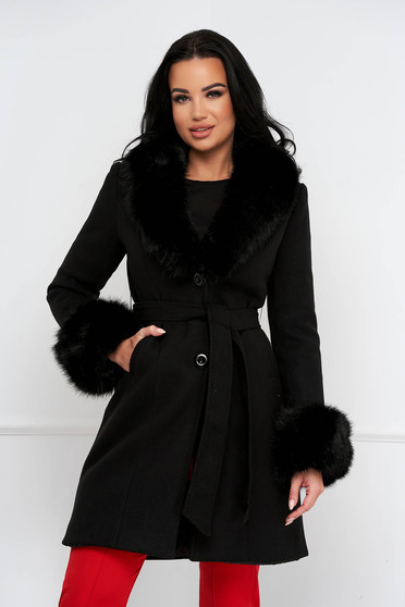 Hosszú kabátok, Fekete szűkített szövetkabát gyapjúból szőrmével eltávolítható gallérral - StarShinerS.hu