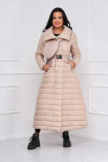 Téli dzsekik, Krémszínű MAXI kabát magas gallérral és táska kiegészítővel - StarShinerS.hu