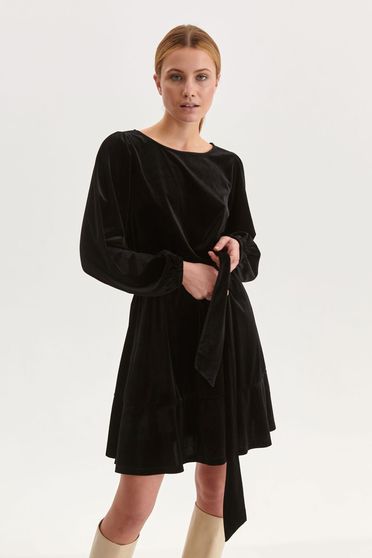 Bársony ruhák, méret: S, Fekete rövid ruha bársonyból harang alakú gumirozott derékrésszel övvel ellátva - StarShinerS.hu