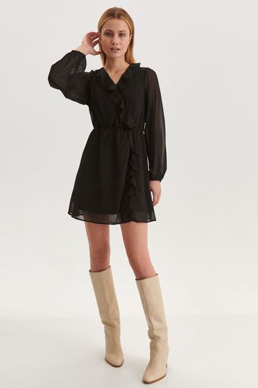 Hétköznapi ruhák,  méret: XL, Fekete rövid fodros muszlin ruha harang alakú gumirozott derékrésszel - StarShinerS.hu