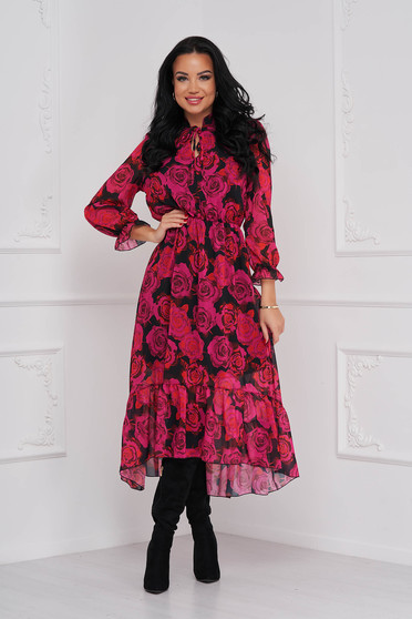 Nagy méretű ruhák pink, Midi muszlin virágmintás ruha harang alakú gumirozott derékrésszel - StarShinerS - StarShinerS.hu