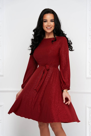 Vörös ruhák, Burgundy midi georgette harang alakú ruha gumirozott derékrésszel csillogó díszítésekkel - StarShinerS - StarShinerS.hu
