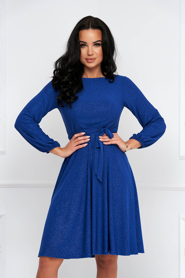 Nagy méretű ruhák, Kék midi georgette harang alakú ruha gumirozott derékrésszel csillogó díszítésekkel - StarShinerS - StarShinerS.hu