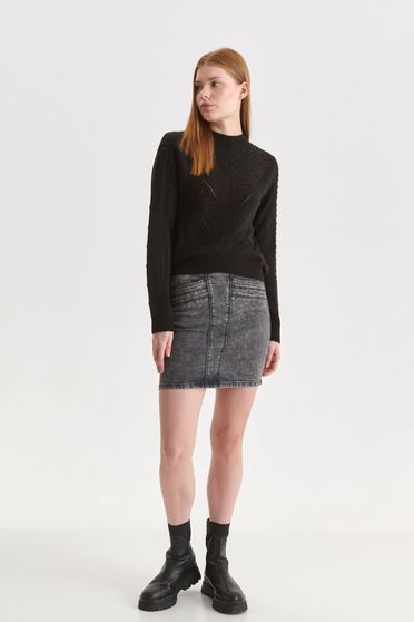 Casual pulóverek, Fekete bő szabású kötött pulóver kötött mintával - StarShinerS.hu