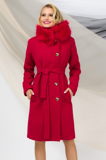Egyenes szabású kabátok, Nagykabát piros rugalmas szövet egyenes szőrme gallér - StarShinerS.hu