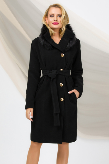 Egyenes szabású kabátok, Nagykabát fekete rugalmas szövet egyenes szőrme gallér - StarShinerS.hu