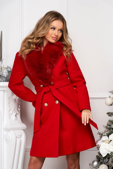 Egyenes szabású kabátok, Piros gyapjú egyenes nagykabát műszőrme galléral - StarShinerS.hu