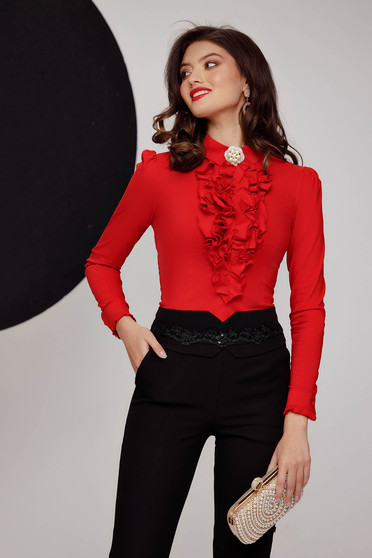 Női ingek, Női ing piros pamutból készült szűkített fodros bross kiegészítővel - StarShinerS.hu