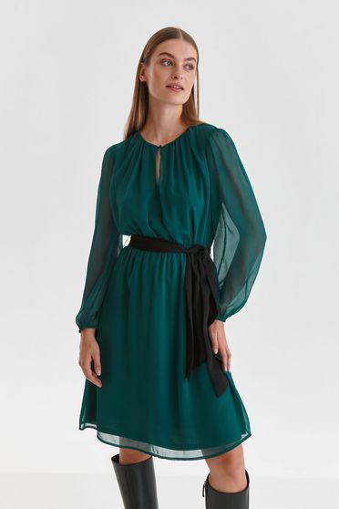 Nyári ruhák, Sötétzöld rövid bő ujjú muszlin ruha harang alakú gumirozott derékrésszel - StarShinerS.hu