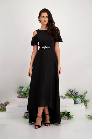 Estélyi ruhák , Fekete - StarShinerS ruha muszlinból asszimmetrikus hosszú kivágott vállrésszel - StarShinerS.hu
