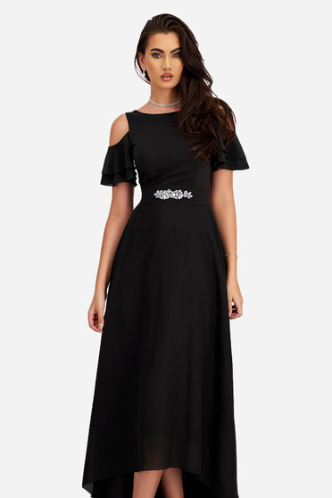Nagy méretű ruhák fekete,  méret: M, Ruha fekete muszlinból asszimmetrikus harang hosszú kivágott vállrésszel - StarShinerS - StarShinerS.hu