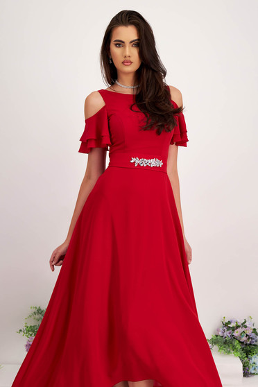 Váll nélküli ruhák, Piros - StarShinerS ruha muszlinból asszimmetrikus hosszú kivágott vállrésszel - StarShinerS.hu