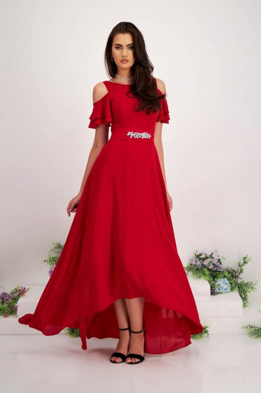 Nagy méretű ruhák rövid ujjú,  méret: M, Ruha piros muszlinból asszimmetrikus harang hosszú kivágott vállrésszel - StarShinerS - StarShinerS.hu