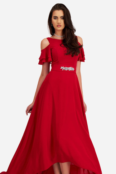 Nagy méretű ruhák harang alakú,  méret: M, Ruha piros muszlinból asszimmetrikus harang hosszú kivágott vállrésszel - StarShinerS - StarShinerS.hu