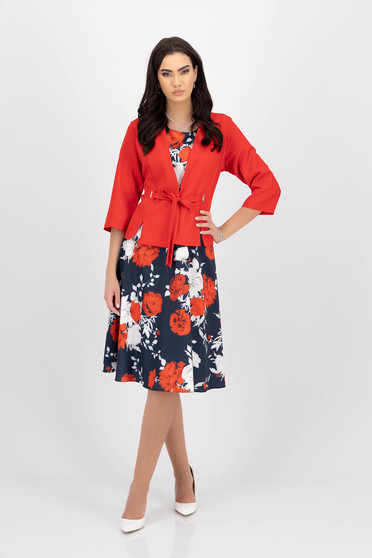 Nagy méretű ruhák piros,  méret: M, Virágmintás georgette midi harang női irodai ruha kosztüm - StarShinerS.hu