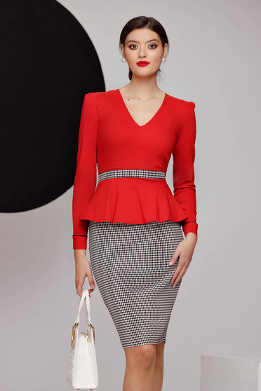 Office ingek, Piros pamutból készült szűkített derekán fodros női ing masnival a hátoldalán - StarShinerS.hu