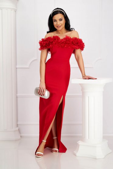 Gólyabálra ruhák, Piros fodros hosszú ruha szövetből - StarShinerS.hu
